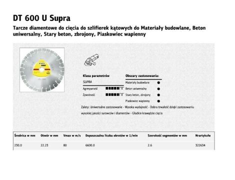 KLINGSPOR TARCZA DIAMENTOWA SEGMENTOWA 230mm x 2,6mm x 22,2mm SUPRA DT600U, BETON ZBROJONY - 2