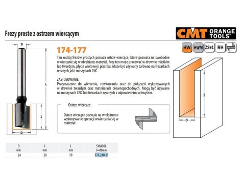 CMT FREZ PROSTY HM D=24 I=20 L=70 S=8 Z OSTRZEM WIERCĄCYM