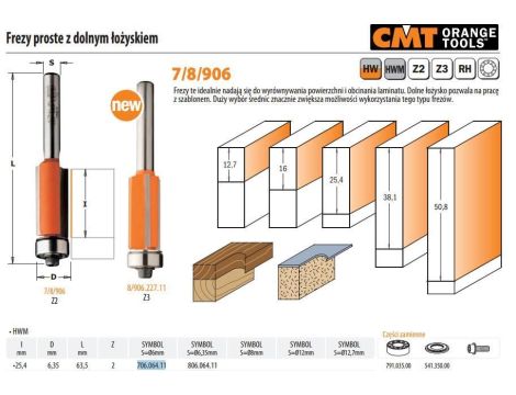 CMT FREZ PROSTY HM I=25,4 D=6,35 S=6 DOLNE ŁOŻYSKO