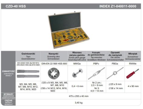 FANAR GWINTOWNIKI + NARZYNKI KOMPLET 40 elem. M3-M20 CZB-40 HSS