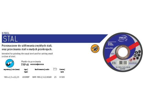 INCOFLEX TARCZA DO METALU 180 x 2,5 x 22,2mm