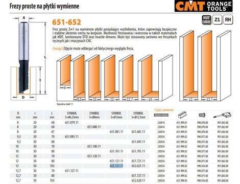 CMT FREZ PROSTY HM D=12 I=50 L=102,7 S=12 Z=1, WYMIENNE PŁYTKI