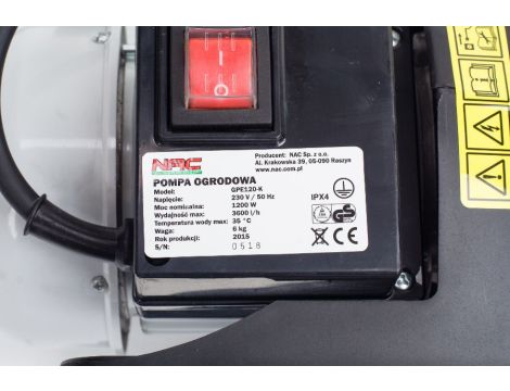 NAC POMPA OGRODOWA 1200W 3600l/h GPE120-K - 2