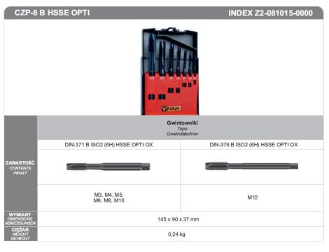 FANAR ZESTAW GWINTOWNIKÓW MSZYNOWYCH M3-M12 CZP-8 B HSSE OPTI M3-M12