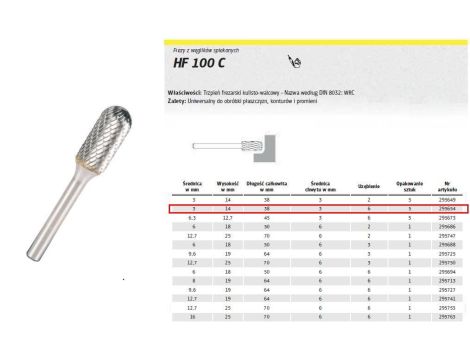 KLINGSPOR FREZ DO METALU HF 100 C FI=3,0x14mm TRZPIEŃ 3mm TYP WRC, WALCOWO-KULISTY