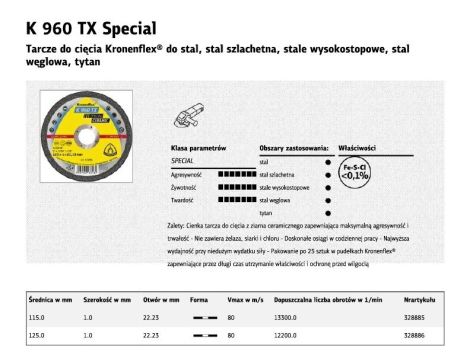 KLINGSPOR TARCZA DO CIĘCIA METALU 125mm x 1,0mm x 22,2  K960TX Special