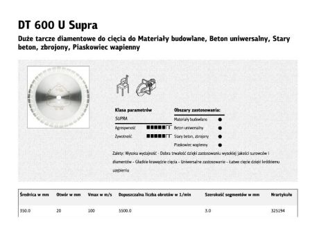 KLINGSPOR TARCZA DIAMENTOWA SEGMENTOWA 350mm x 3,0mm x 20mm SUPRA DT600U, BETON ZBROJONY - 2