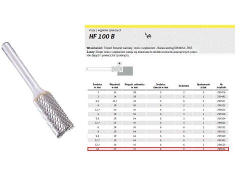 KLINGSPOR FREZ DO METALU HF 100 B FI=16,0x25mm TRZPIEŃ 6mm TYP ZYAS, WALCOWY