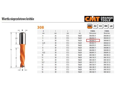 WIERTŁO NIEPRZELOTOWE KRÓTKIE HW NP D= 6 I=30 L=57,5 S=10x20 RH%%%
