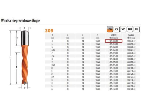 WIERTŁO NIEPRZELOTOWE DŁUGIE HW NP D= 4 I=43 L=70 S=10x20 RH