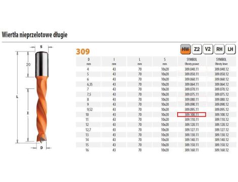 WIERTŁO NIEPRZELOTOWE DŁUGIE HW NP D=10 I=43 L=70 S=10x20 RH