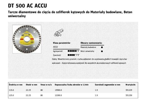 KLINGSPOR TARCZA DIAMENTOWA TURBO 125mm x 1,9mm x 22mm DT500 ACCU DO SZLIFIEREK AKUMULATOROWYCH - 2