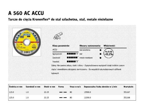 KLINGSPOR TARCZA DO CIĘCIA METALU 125mm x 1,0mm x 22,2mm  A560 ACCU DO SZLIFIEREK AKUMULATOROWYCH