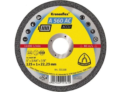 KLINGSPOR TARCZA DO CIĘCIA METALU 125mm x 1,0mm x 22,2mm  A560 ACCU DO SZLIFIEREK AKUMULATOROWYCH - 2