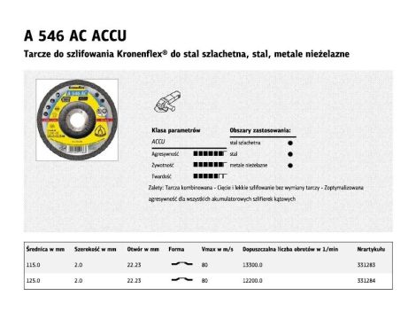 KLINGSPOR TARCZA DO CIĘCIA METALU 125 x 2,0mm  A546ACCU DO SZLIFIEREK AKUMULATOROWYCH