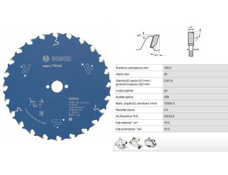 PIŁA TARCZOWA Z WĘGLIKIEM DO DREWNA EXPERT WOOD 190 x 20 x 2,6mm 24 ZĘBY 2608644044