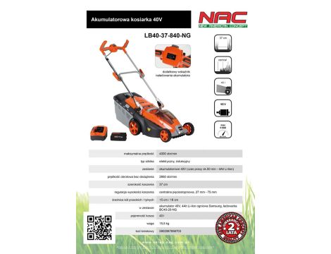 KOSIARKA AKUMULATOROWA INDUKCYJNA 40V  4Ah 37cm - 3