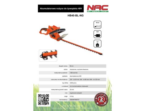 NAC NOŻYCE DO ŻYWOPŁOTU AKUMULATOROWE 40V 560mm BEZ AKUMULATORA - 4