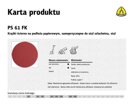 KLINGSPOR KRĄŻEK ŚCIERNY SAMOPRZYCZEPNY 125mm PS61FK gr. 40 /50szt.