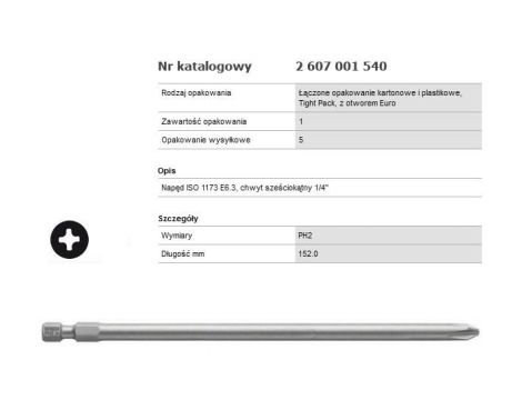 BOSCH KOŃCÓWKA PH2x152mm  1szt. EXTRA HART 2607001540