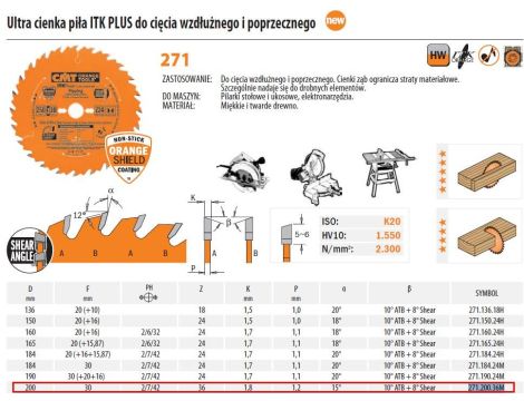 PIŁA UNIWERSALNA HM D=200 F=30 Z=36N K=1,8/1,2 ULTRACIENKA