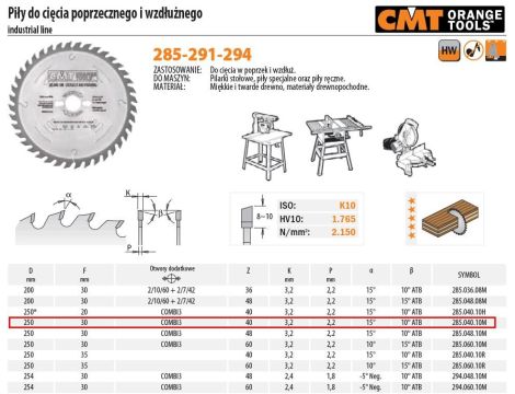 PIŁA UNIWERSALNA, DO CIĘCIA WZDŁUŻNEGO I POPRZECZNEGO HM D=250 F=30 Z=40N K=3,2/2,2