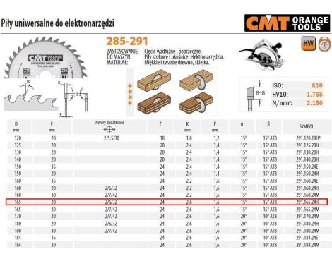 PIŁA UNIWERSALNA, DO CIĘCIA WZDŁUŻNEGO I POPRZECZNEGO HM D=165 F=20 Z=24 K=2,4/1,4