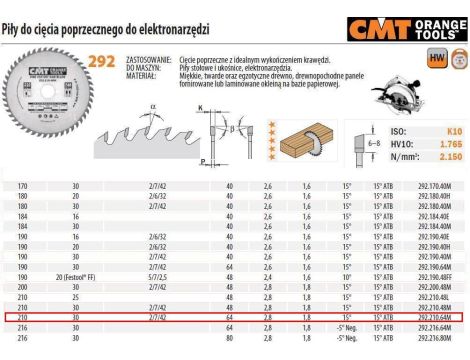 PIŁA DO CIĘCIA POPRZECZNEGO, OBRÓBKA WYKAŃCZAJĄCA HM 210x30x2,8/1,8 Z=64
