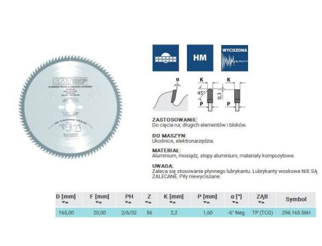 PIŁA HW D=165 F=20 Z=56 K=2,2/1,6 ALUMINIUM, MOSIĄDZ, KOMPOZYT