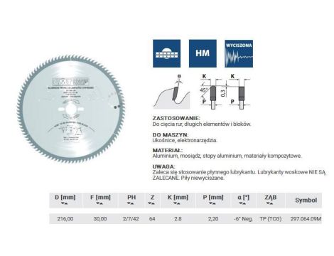 PIŁA HW D=216 F=30 Z=64 K=2,8/2,2 ALUMINIUM, MOSIĄDZ, KOMPOZYT