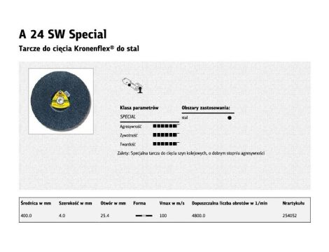 KLINGSPOR TARCZA DO CIĘCIA METALU 400mm x 4,0mm x 25,4mm  A24SW Special