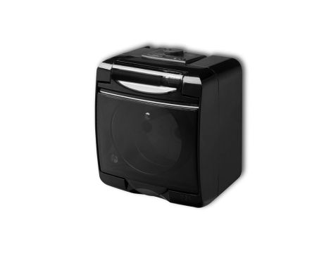 Gniazdo hermetyczne pojedyncze z uziemieniem Karlik Junior 12GHE-1D (klapka dymna) 2P+Z bez przesłon czarne