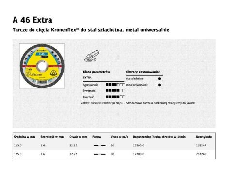 KLINGSPOR TARCZA DO CIĘCIA METALU 115mm x 1,6mm x 22,2mm A46 Extra