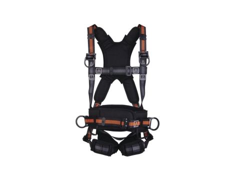 Szelki z pasem podtrzymującym 5 punktów zaczepowych miękka wyściółka i znacznik upadku kolor czarno-pomarańczowy rozmiar XL/XXL