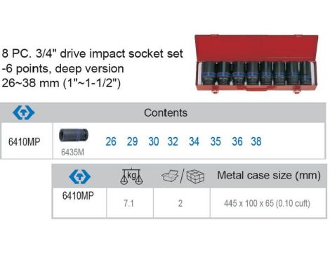KING TONY KOMPLET NASADEK UDAROWYCH 3/4"  8cz. DŁUGIE 6-KĄTNE 26-38mm