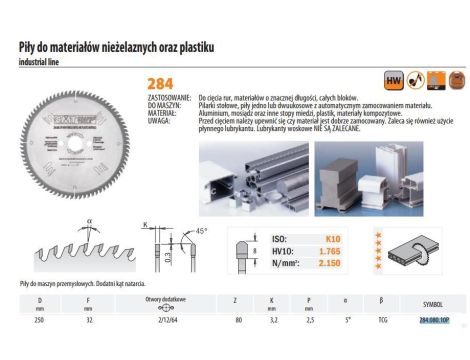 CMT PIŁA HM 250x32x3,2/2,5 Z=80 DO MATERIAŁÓW NIEŻELAZNYCH I PLASTIKU