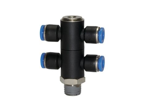 Złączka pneumatyczna wtykowa banjo podwójna R 3/8 GZ do węża fi 12 mm, tworzywo sztuczne