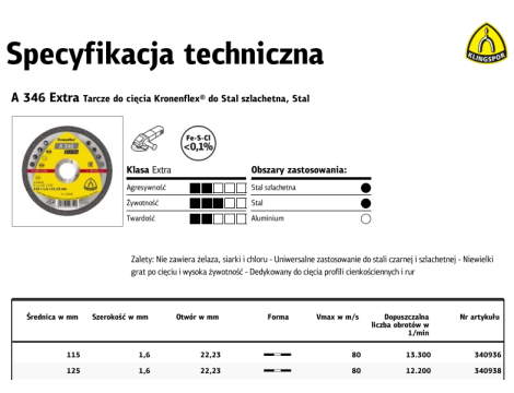 KLINGSPOR TARCZA DO CIĘCIA METALU 115mm x 1,6mm x 22,2mm A346 Extra