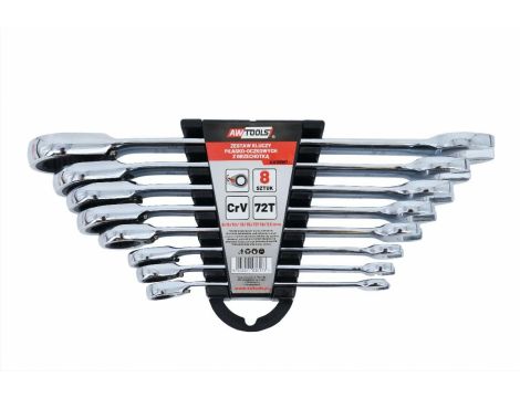 AWTOOLS KLUCZE PŁASKO-OCZKOWE Z GRZECHOTKĄ KOMPLET 8 szt. 8-22mmZ PRZEŁĄCZNIKIEM