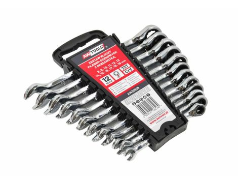 AWTOOLS KLUCZE PŁASKO-OCZKOWE Z GRZECHOTKĄ KOMPLET 12 szt. 8-19 mmZ PRZEŁĄCZNIKIEM