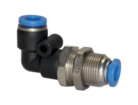 Złączka pneumatyczna wtykowa grodziowa kątowa M27 do węża fi 16 mm, mosiądz niklowany