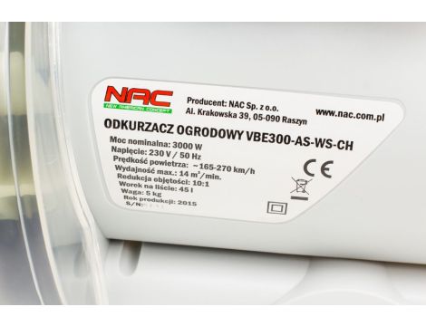 NAC ODKURZACZ / DMUCHAWA DO LIŚCI  3000W VBE300A-AS-WS-CH ALUMINIOWY WIRNIK - 3