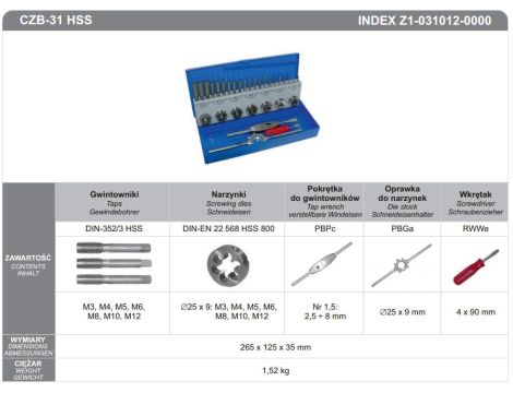 FANAR GWINTOWNIKI + NARZYNKI KOMPLET 31 elem. M3-M12 CZB-31 INOX