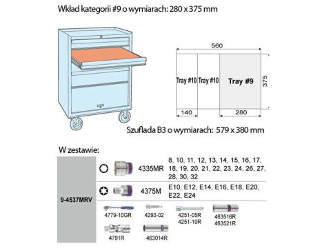 KING TONY  WKŁAD DO WÓZKA ZESTAW KLUCZY NASADOWY 1/2" 37el. - 2