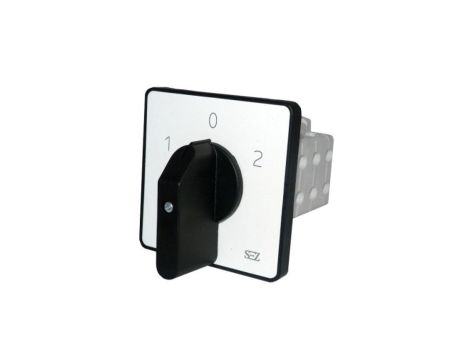 Łącznik krzywkowy 1-0-2 3-fazowy przełącznik zasilania (do agregatu generatora) 63A 500V z dźwignią oraz szyldem SEZ 0496