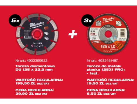 MILWAUKEE TARCZA DIAMENTOWA SEGMENTOWA DU 125 x 22,2mm /5szt. +3xTARCZA DO CIĘCIA METALU PRO+ 125