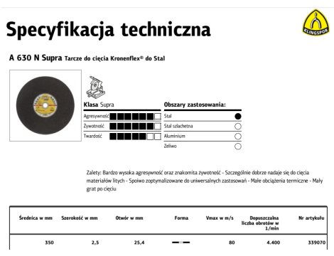 KLINGSPOR TARCZA DO CIĘCIA METALU 350mm x 2,5mm x 25,4mm  A630N Supra