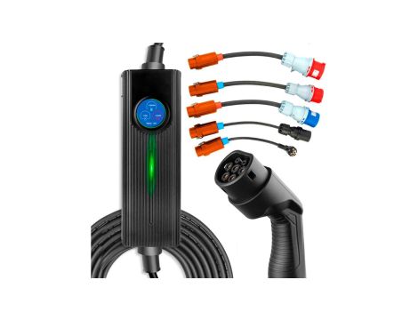 Przenośna ładowarka 3-fazowa do samochodu elektrycznego 5m, ekran dotykowy, 6 adapterów Extralink BS-PCD050 32A 16kW 3F Schuko