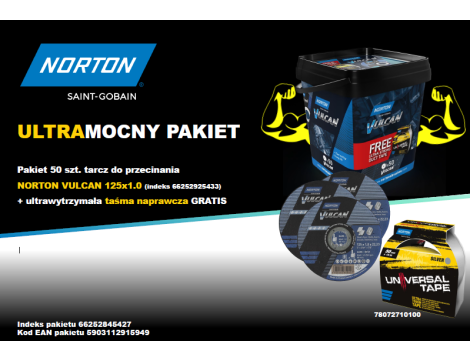 NORTON ZESTAW TARCZ VULCAN 125mm x 1mm METAL/INOX 50szt. WIADERKO+TAŚMA NAPRAWCZA