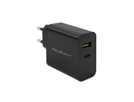 Qoltec Ładowarka Super Quick PD 1xUSB-C 1xUSB 45W 5-20V 2.25-3A Czarna